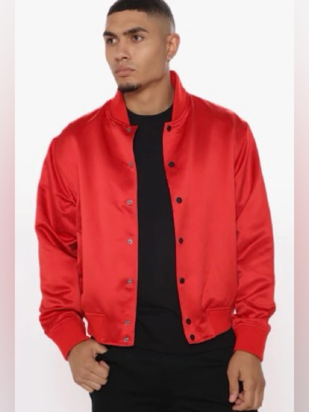 Fashion Nova Novamen Red Satin Snap Front Bomber Jacket